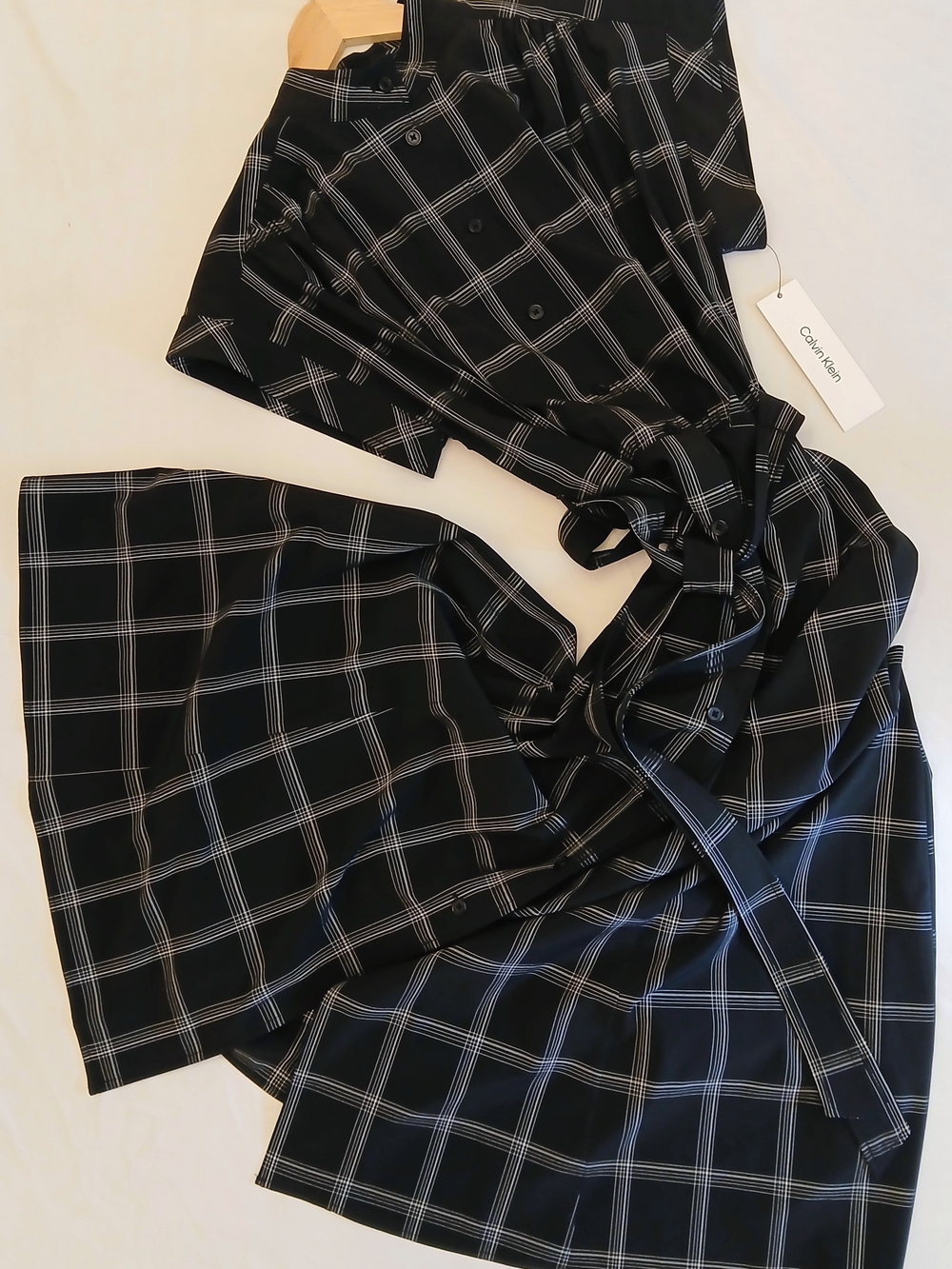 Calvin Klein NWT Plaid Mock Neck Midi Shirtdress Black White Shift Dress Size 6